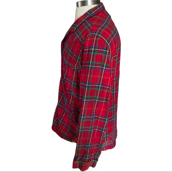 Land’s End Button Front Super Soft Cotton Red Green Orange Plaid Shirt Men’s LT - Picture 4 of 11